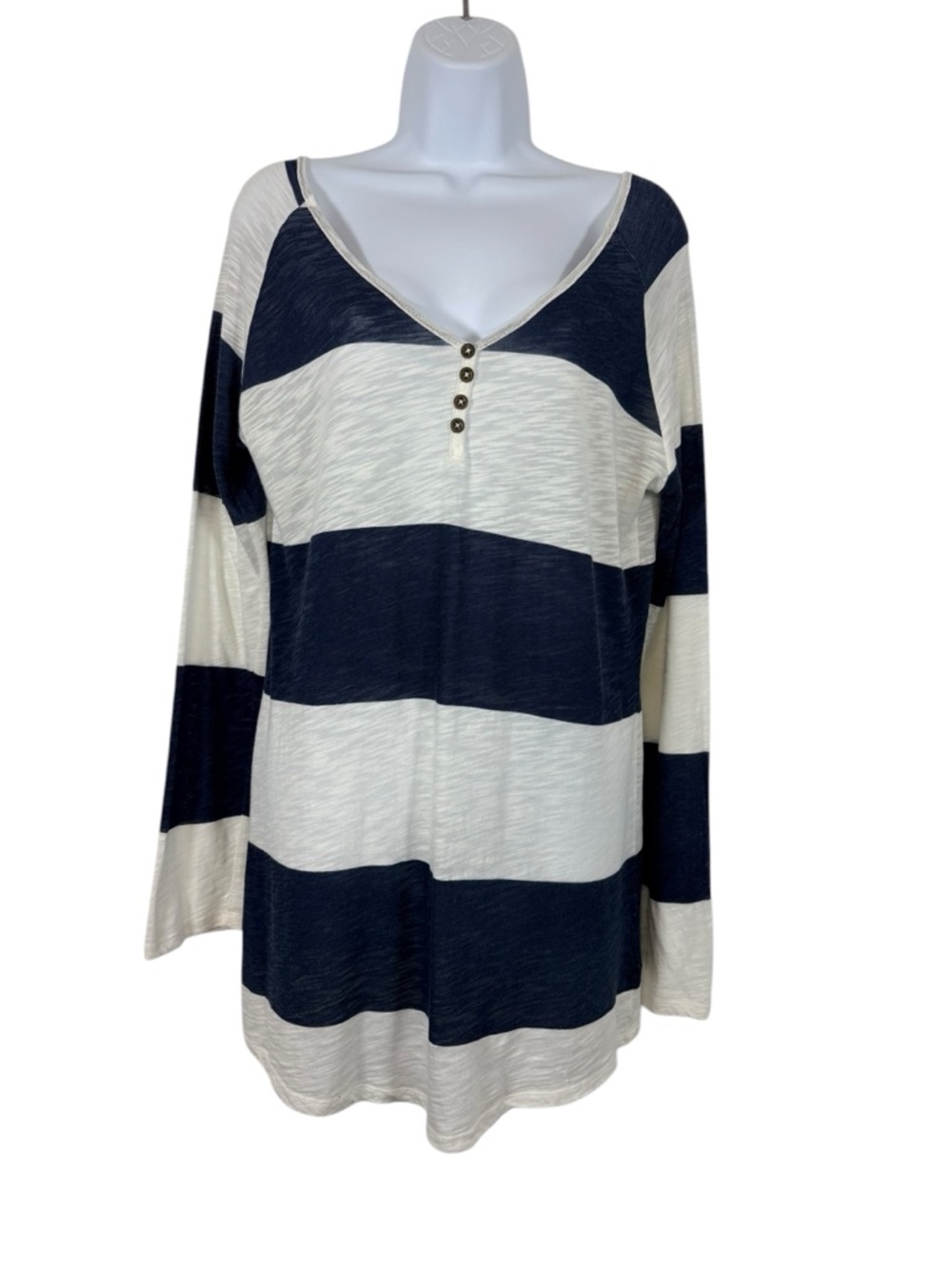 P.J. Salvage Navy Striped Long Sleeve Henley Sleep Top Dress L Relaxed Lounge